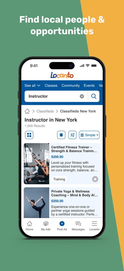 Interfaccia dell'app Locanto che mostra i risultati di ricerca locali per istruttori e personal trainer a New York.
