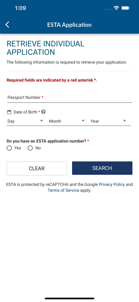 Screen showing the retrieve individual application form in the ESTA Mobile app with fields for passport number and date of birth.