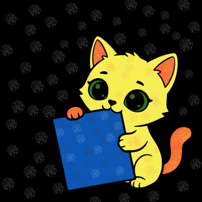 a small cat with a blank sheet of paper in its hand. the cat is sooooooo cute!