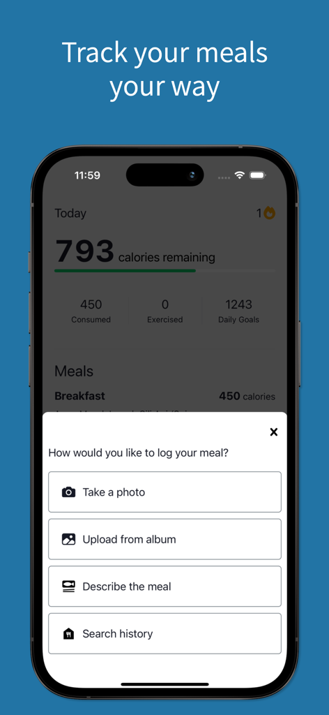 Tied app interface showing calorie progress and multiple meal logging options like photo and description
