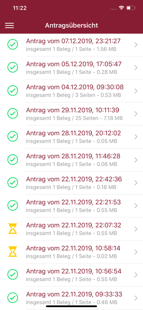 Liste der eingereichten Anträge mit Einreichungsdaten und Statusanzeigen
