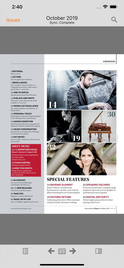 Digitales Inhaltsverzeichnis der International Piano Magazin App mit Nachrichten, Noten und Sonderberichten.