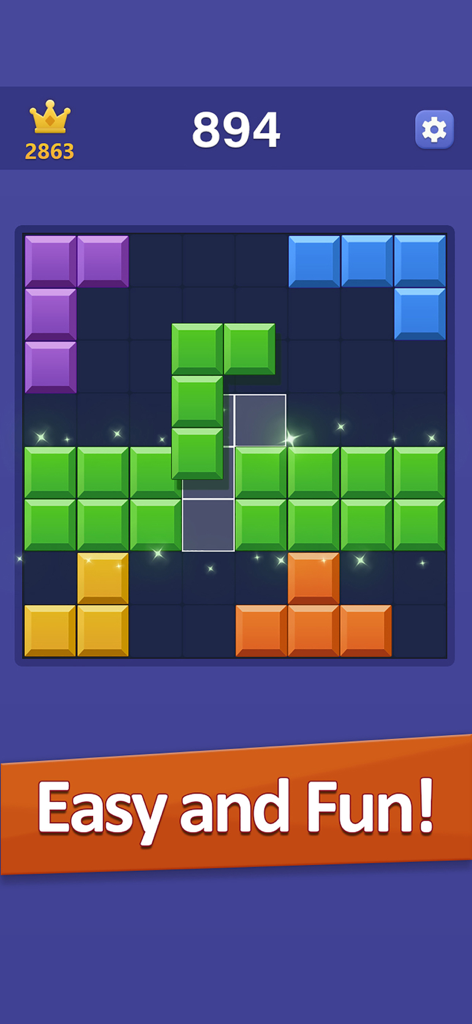 Gameplay screen of Color Block Puzzle showing colorful blocks being cleared on a grid.