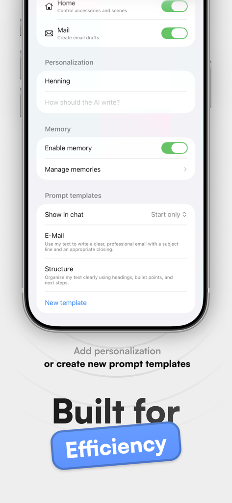Eron - Écran des paramètres de l'application Eron montrant les options de personnalisation, la gestion de la mémoire et les modèles de prompt pour l'efficacité.