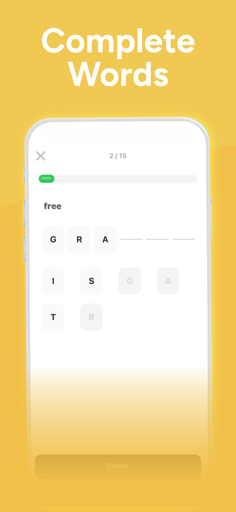 Vocabulary Builder Learn words - Pantalla de aplicación móvil que muestra un ejercicio de completar palabras donde un usuario elige letras para completar una palabra de vocabulario.