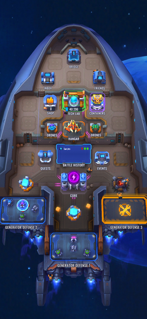 Interfaccia del ponte di comando dell'incrociatore da battaglia personale in Space Justice che mostra il laboratorio tecnologico e l'hangar