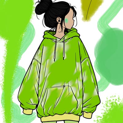 realistic girl with a oversized sweatshirt on and a bun