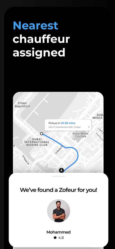 Zofeur app interface showing an assigned chauffeur with a tracking map and driver details