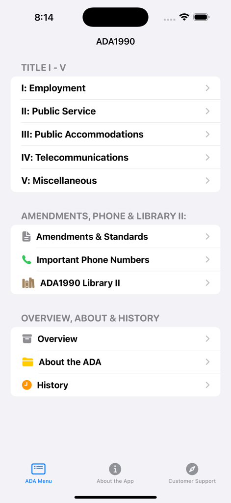 Americans w/ Disabilities Act - Schermata del menu principale dell'app di riferimento Americans with Disabilities Act che mostra titoli legali e sezioni di risorse.