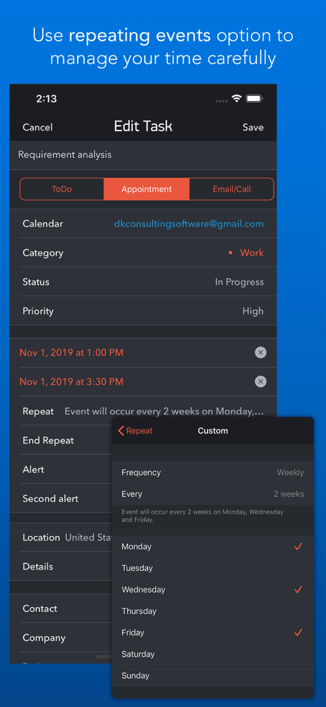 Benutzeroberfläche der Task Office-App mit benutzerdefinierten Einstellungen für wiederkehrende Ereignisse für wöchentliche Aufgaben.