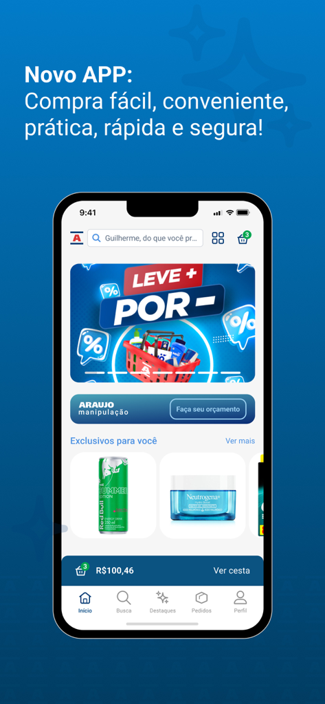 Drogaria Araujo mobile app home screen showing product offers and easy search features