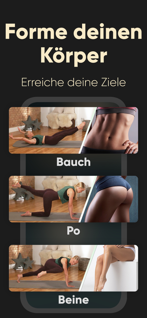 Programm 21: Workouts zuhause - Programm 21 fitness app showing home workout categories for stomach glutes and legs