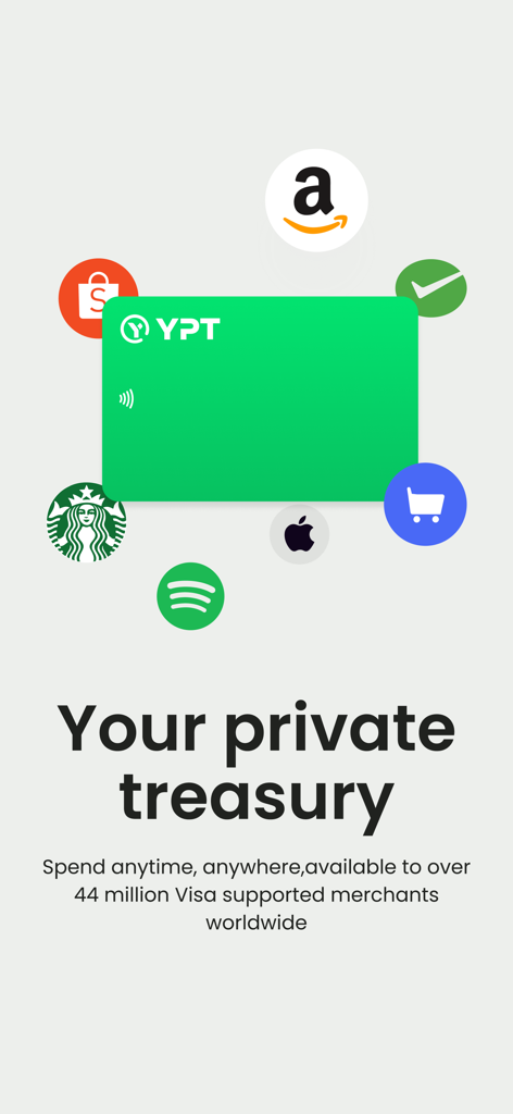 YPT: Crypto Card & Pay - Green YPT crypto card surrounded by major brand icons like Amazon and Starbucks showing global acceptance at 44 million Visa merchants