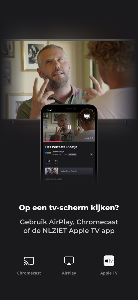 NLZIET | Online tv-kijken - NLZIET app screen showing options to stream Dutch television on a big screen using Chromecast AirPlay and Apple TV