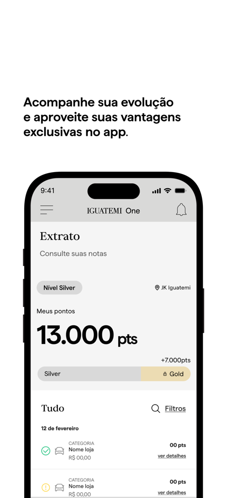 Interfaz de la aplicación Iguatemi One que muestra puntos de fidelidad y estatus de nivel Plata