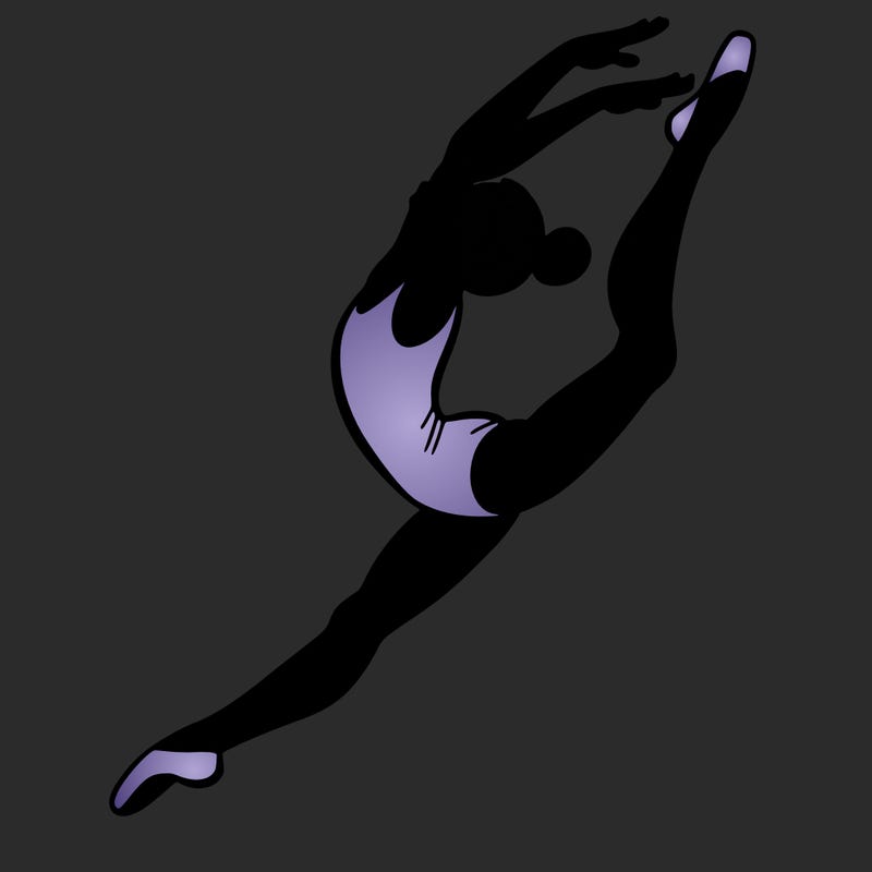 gymnast doing a leap in a leotard with a bent back leg