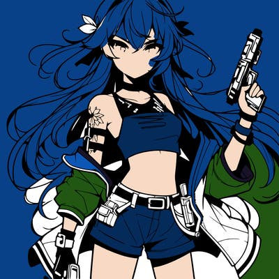 bad girl wearing crop top holding a gun long hair anime