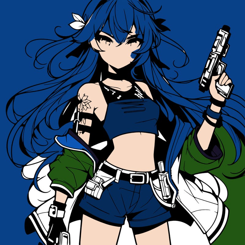 bad girl wearing crop top holding a gun long hair anime
