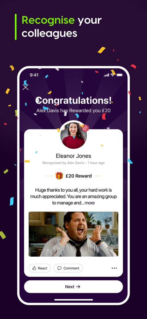 OneHub | Mobile - OneHub Mobile app interface showing a colleague recognition post with a cash reward and social interaction buttons