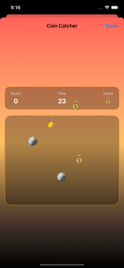 Volcano Vault: Erupting Riches - Pantalla de juego del mini juego Atrapador de Monedas en Volcano Vault mostrando monedas de plata cayendo y bolsas de dinero.