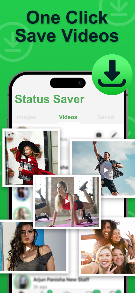 Interface of the Status Saver app showing various video thumbnails and a large green download button