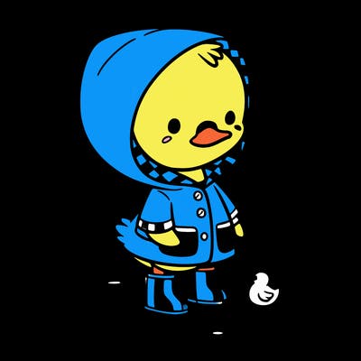 baby duck in a rain coat and boots, in a puddle while it’s raining
