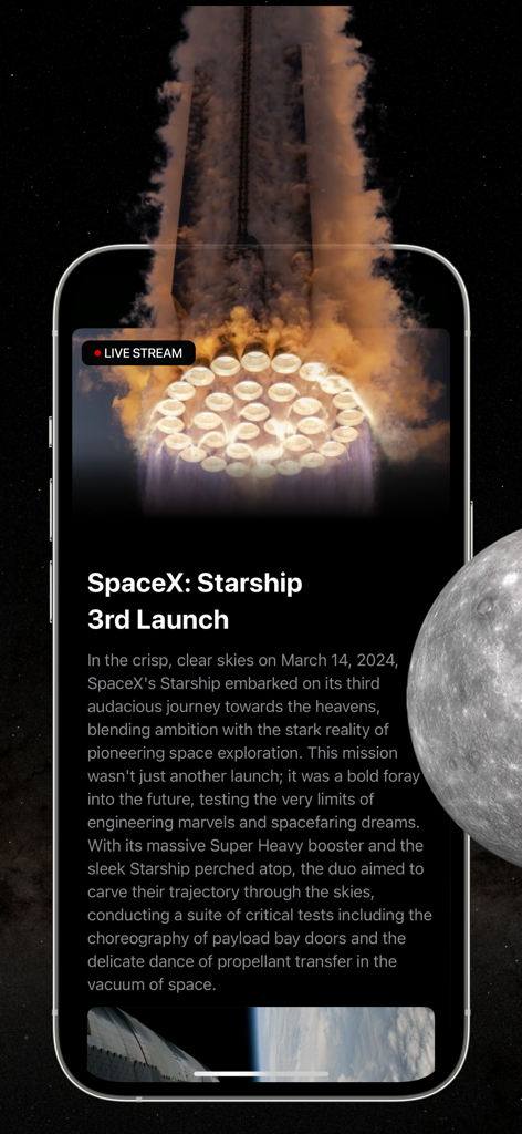 Interfaz de la revista de astronomía de la aplicación Space Gate mostrando un artículo sobre el tercer lanzamiento del Starship de SpaceX con una miniatura de transmisión en vivo