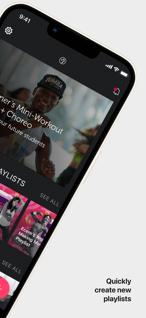 ZIN Play app interface showing Zumba choreography videos and the option to quickly create new music playlists on a mobile phone