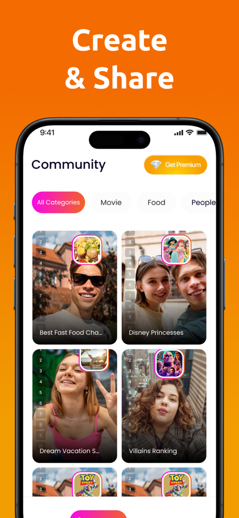 A screenshot of the Ranking Filter app community page showing various ranking categories like food and movies with user reaction videos