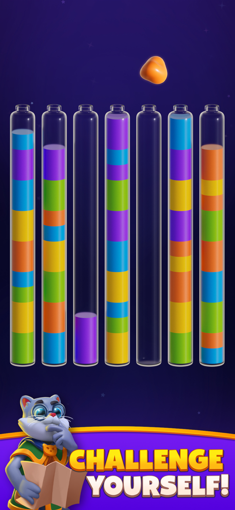 Magic Sort! - Uma captura de tela de Magic Sort mostrando água colorida em tubos de ensaio e um gato mago com o texto Desafie-se