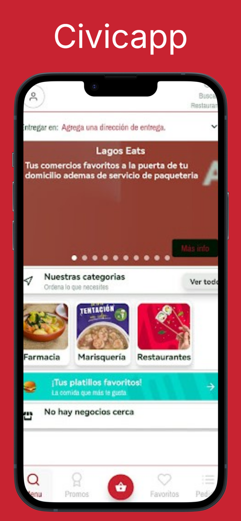 Civicapp - Pantalla de inicio de la aplicación móvil Civicapp que muestra categorías de entrega de comida como restaurantes y mariscos en español.