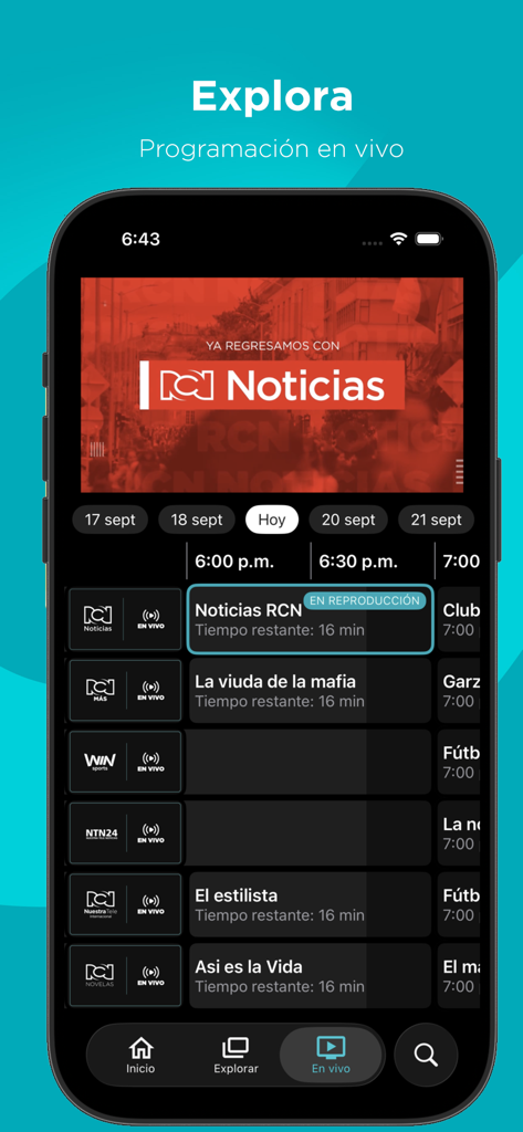 RCN Total - Guía de programación de televisión en vivo de la aplicación RCN Total con listados de canales