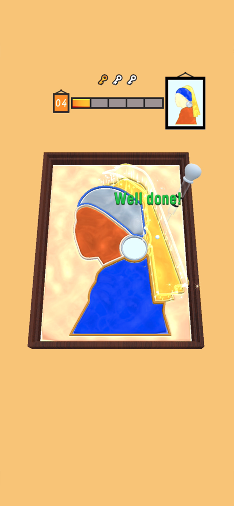 Paint Dropper - Paint Dropper 모바일 게임 스크린샷으로, 잘 했다는 메시지와 함께 완성된 고전 그림 색상 퍼즐을 보여줍니다.