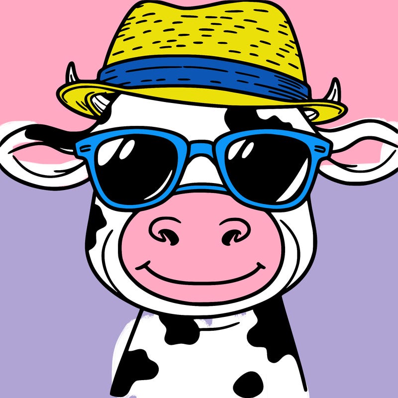 cow with sunglasses and hat