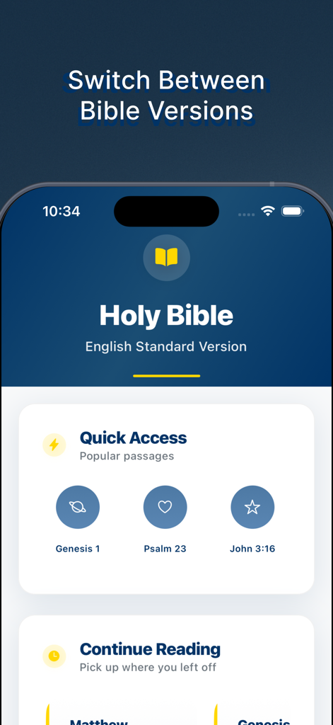 Interface of the Preach app for selecting Bible versions and quick access to popular scriptures like Genesis 1 and Psalm 23.