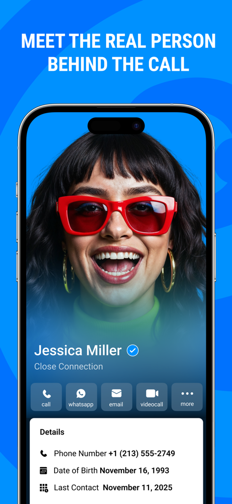 Detailliertes soziales Anrufer-ID-Profil für Jessica Miller in der Me App auf einem iPhone-Bildschirm.