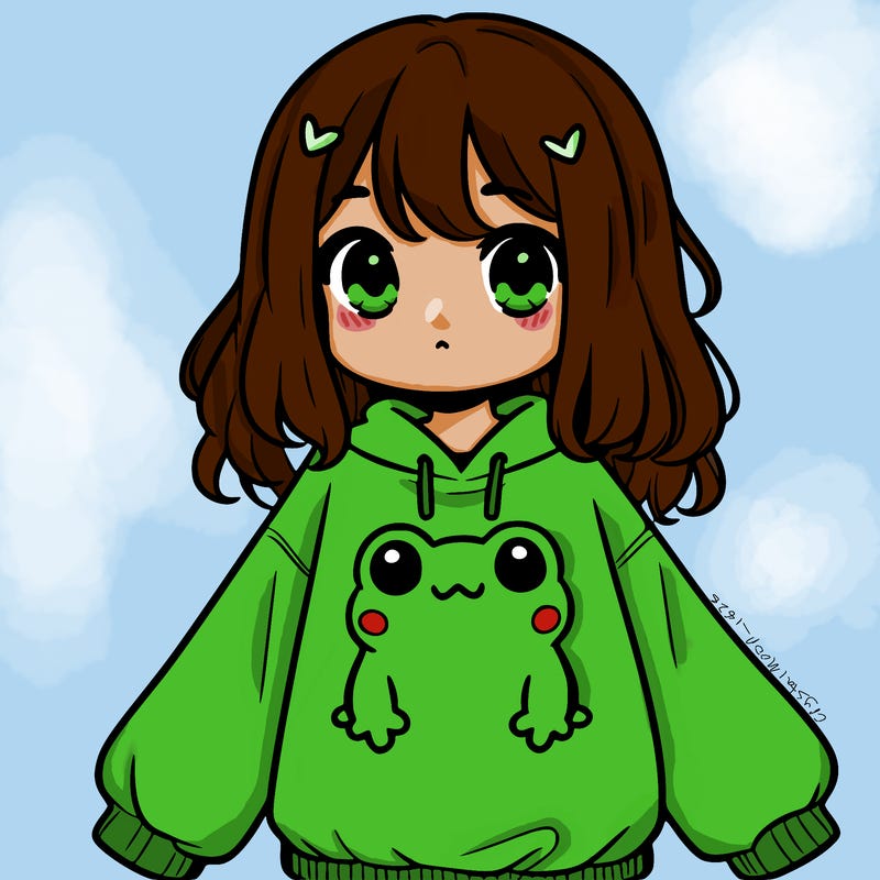 girl wearing frogging sweatshirt