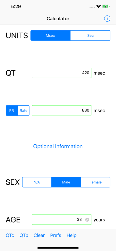 EP QTc - La schermata di input principale dell'app medica EP QTc che mostra i campi per l'intervallo QT, la frequenza cardiaca, il sesso e l'età