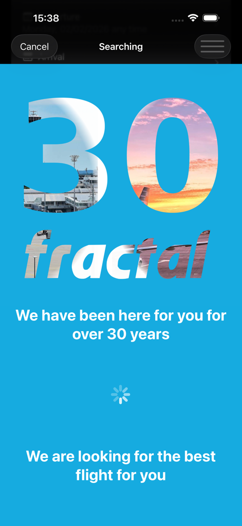 AirTickets: Quick Booking - Tela de carregamento de busca de voos do aplicativo AirTickets com mensagem destacando 30 anos de experiência
