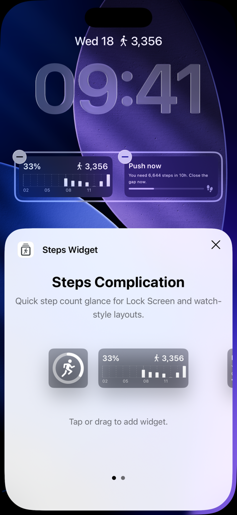 Steps Widget - Walking Tracker - Pantalla de bloqueo del iPhone mostrando widgets de seguimiento de pasos personalizados y progreso de objetivos.