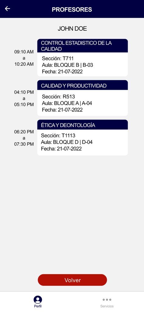 URBE - Captura de pantalla de la pantalla de horario de profesores de la aplicación URBE que muestra los horarios de clases, materias y ubicaciones de las aulas.