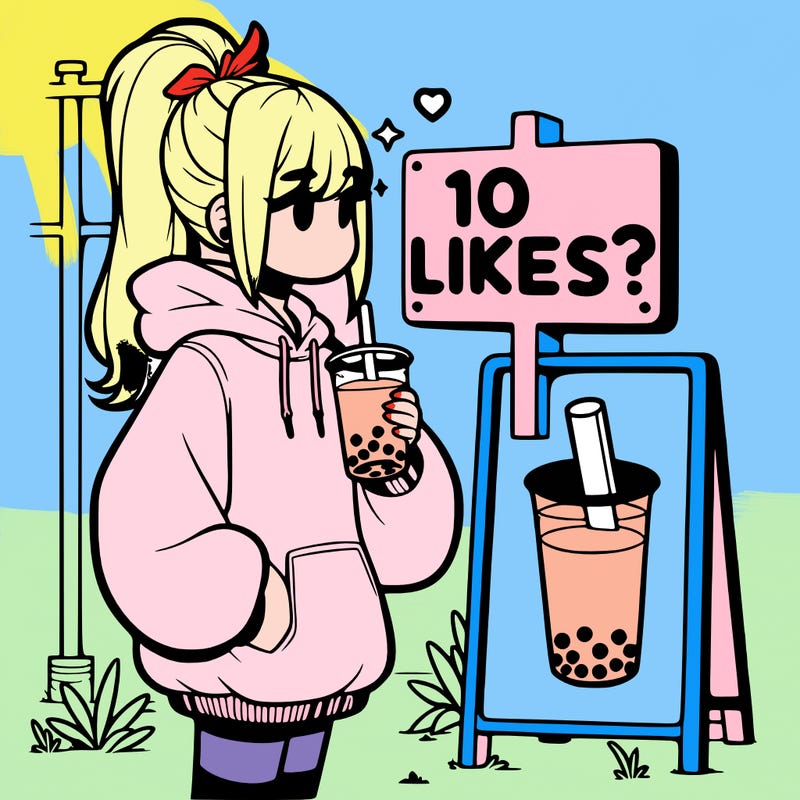 girl with oversized hoodie drinking boba and she has a high ponytail with a sign that says 10likes?