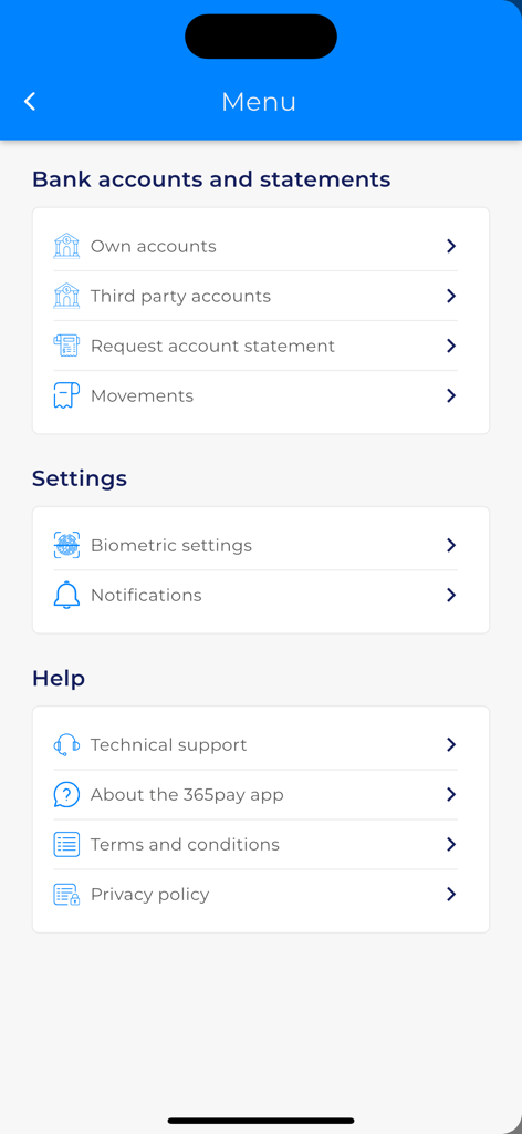 365Pay SV - Menú principal de la aplicación 365Pay SV que muestra la gestión de cuentas y las opciones de configuración