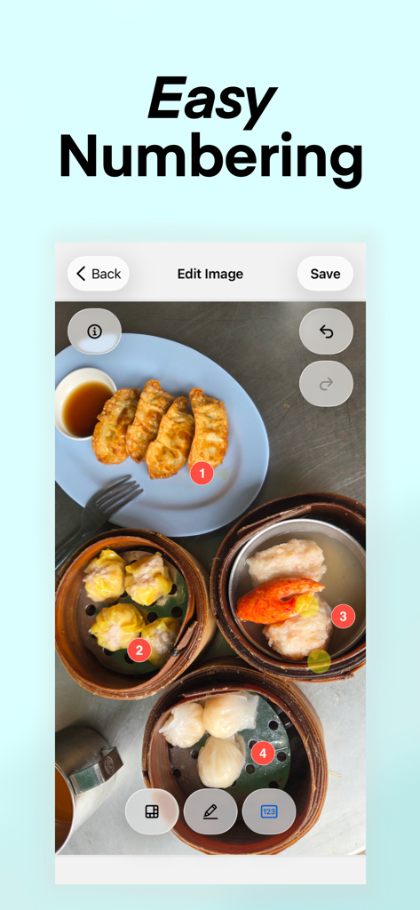 Moza Editor - Interfaz de la aplicación Moza Editor que muestra la herramienta de contador automático utilizada para numerar elementos en una foto de comida