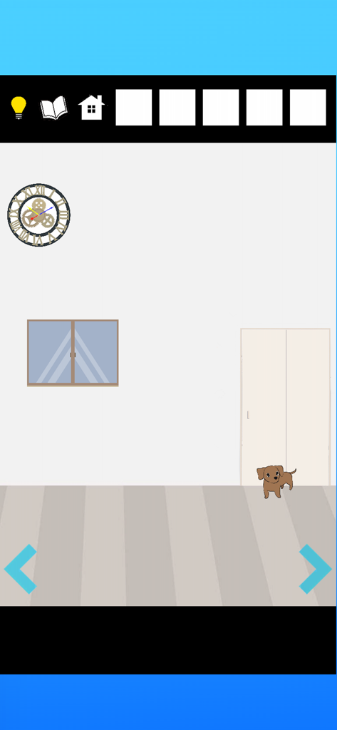 Minimalist room in the Thief and Dog escape game featuring a wall clock and a small brown dog