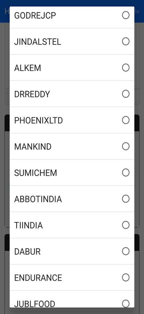 A selection menu of Indian NSE stock symbols for trading practice