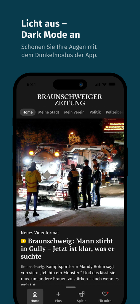Braunschweiger Zeitung News App zeigt einen Nachrichtenartikel im Dunkelmodus-Interface an