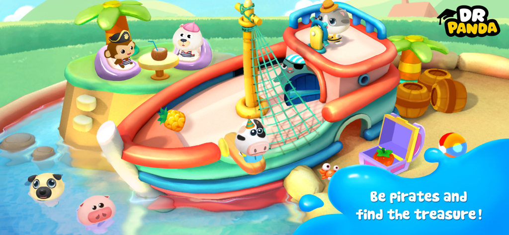 Baby animals playing on a pirate ship in Dr. Panda Swimming Pool