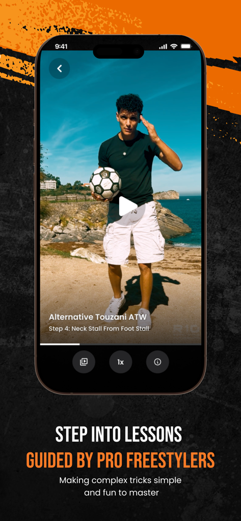 R10 Ronaldinho Playground - A pro freestyler teaching a football trick in a video lesson on the R10 Ronaldinho Playground app.