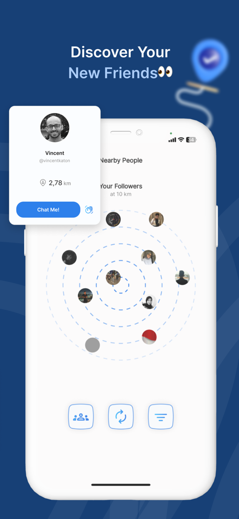Woilo : Photo, Video, Chat - The Woilo app interface showing a radar view to discover and chat with nearby people.